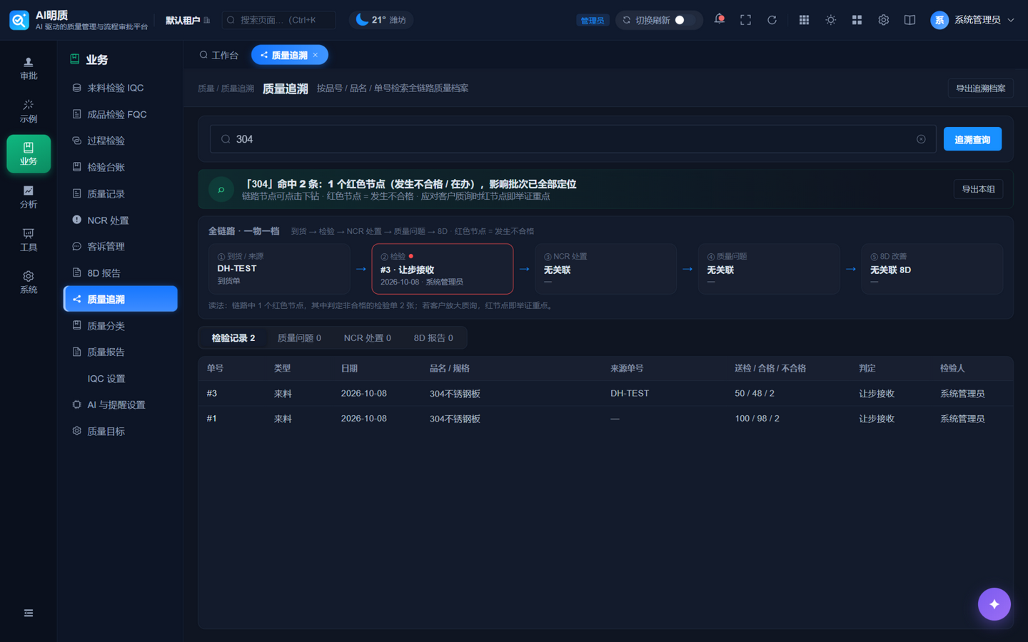 质量追溯实拍：到货、检验、NCR、问题、8D 全链路档案与红色风险节点